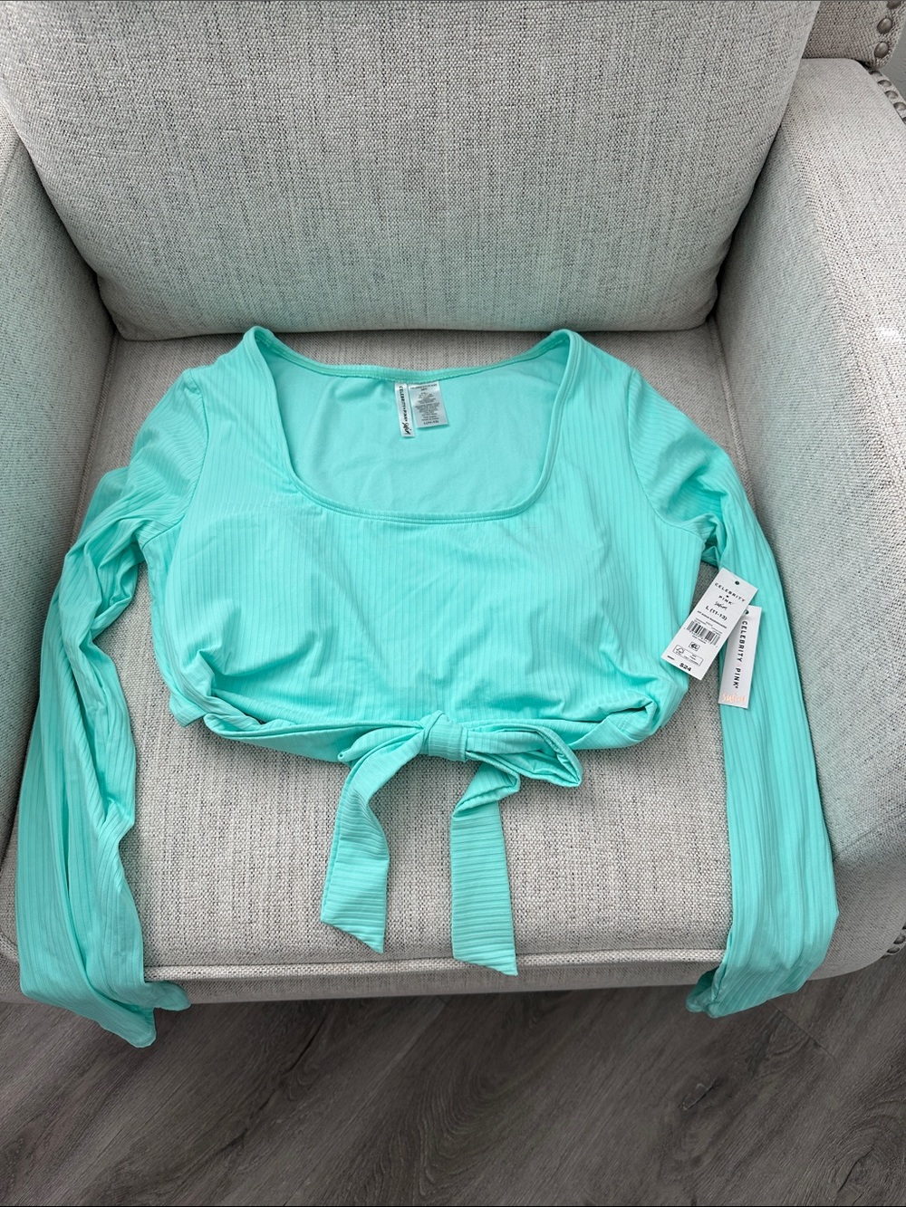 aerie Mint Ribbed Tie-Front Long Sleeve Crop Top